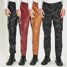 Hommes Faux Cuir Pantalon Slim PU Pantalon Poches Motard Punk Rock Chic