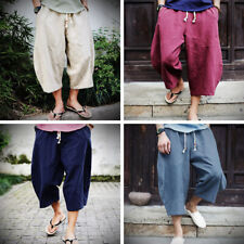 Hommes Lin Coton Sarouel Court Cordon Pantalon Desseré Poche Pantalon