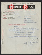 NICE (06) & SAINT-OUEN (93) DISTILLERIE "MARTINI & ROSSI" Lettre en 1939