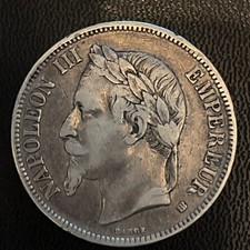 monnaie argent 5 Frs Napoléon Empereur 1868 BB