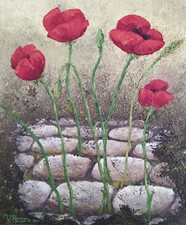 Tableau huile sur toile - Coquelicots et pavés