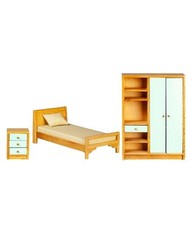Poupées Maison Bleu Et Teck en Bois Chambre Mobilier Ensemble Avec Simple Lit 1