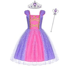 Costume Enfant Fille Costume Princesse Raiponce avec Baguette et Couronne Tul...