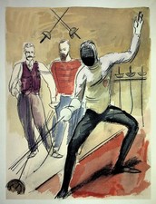 Milivoj UZELAC : L’escrime, Leçon de fleuret, Lithographie originale signée