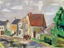 Belle Peinture Gouache Paysage Village 1959 Campagne Tracteur Agriculture Ancien