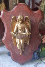 ANTIQUE BENITIER ANGE GARDIEN EN METAL DORE SUR SOCLE BOIS FIN XIXème
