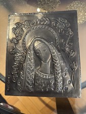 Icône Vierge Abbaye Kergonan plaque en étain Art Années 60 breton Auray Carnac