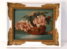 Ancienne petite huile sur panneau signée, nature morte bouquet de roses roses