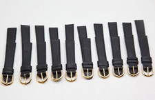 Lot de 10 bracelets de montre en cuir veritable - 16mm - Plat noir Boucle dorée