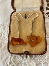 CREATEUR MODERNISTE AMBRE ET ARGENT MASSIF, ANCIENNES BOUCLES D’OREILLES