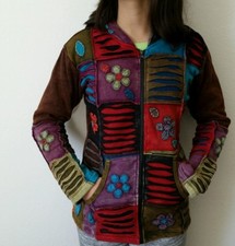 FJ12 COTTON FLEECE JACKET NEPAL : Handmade Ribs Floral Hippie Bohemian Coat M 