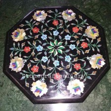 Table D'Appoint En Marbre Noir De 15" Avec Incrustation Pietra Dura Décor Maison