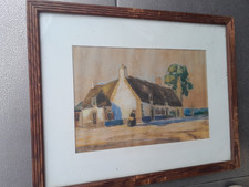 peinture ancienne signée Ménardeau passage Lanriec Concarneau chaumière