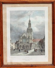 GRAVURE COULEUR ANCIENNE ENCADREE - EGLISE ST-SAUVEUR A DINAN - 43 x 36 cm