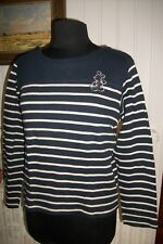 Pull coton marinère rayé bleu marine beige brodé DISNEY MICKEY 42/44 COL BATEAU