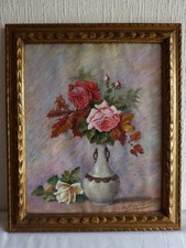 Tableau peinture ancienne nature morte au bouquet de fleur rose Walker d'Acosta