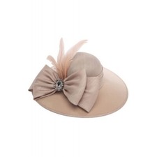 REFINED SHANTUNG WIDE BRIM FEATHER BOW DRESS HAT RHINESTONE PENDANT SAND BROWN