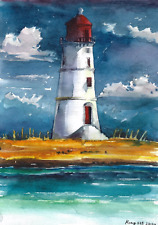 PHARE  peinture originale A4 aquarelle paysage signée