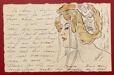 cpa art déco  peinte à la main signée  Marthey, portrait de  femme, aquarelle