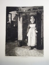 François BONVIN RARE GRAVURE ORIGINALE SORTIE CAVE CUISINE FEMME REALISME 1874