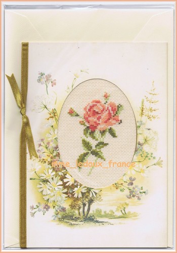 Carte brodée main rose - carte,