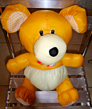 PL/ PELUCHE VINTAGE STYLE PUFFALUMP TOILE OURS JAUNE GRIS POIS  NOEUD RAYE 43CM