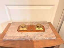 Ancien Encrier Anglais Laiton Doré Support Bois Porte Plume