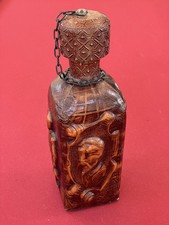 Médiéval Carafe Espagnole El Quijote Verre Ambré Et Cuir Décoré Vintage