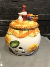 Pot de conservation à oignons ail vintage en céramique couvercle décoré nappe