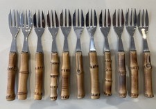 Suite De 11 Fourchettes à Dessert Vintage Manches Bambou