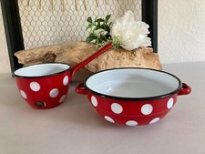 525⚜️ Ancienne Petite Vaisselle en Tôle Émaillée Rouge à Pois Blancs Vintage