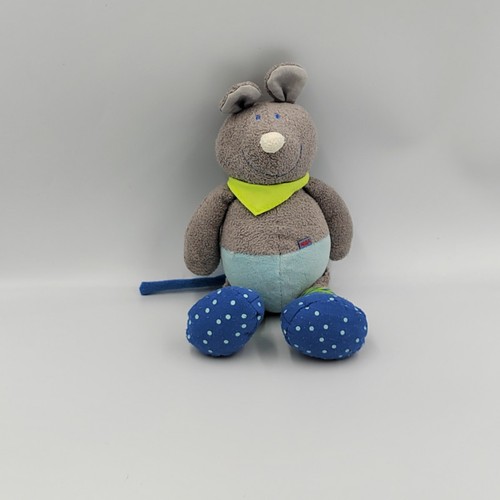 Doudou souris grise bleu vert