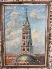Tableau ancien paysage  vue de Toulouse La Basilique  Saint-Sernin art déco hsp