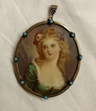 Portrait miniature Sur Ivoire Jeune Fille Pendentif Bijou Turquoise