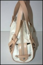 LANCEL Sac Vintage Toile et Cuir  Forme Bowling Ecru et Beige TBE