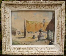 Houal Claude Village animé Longères Chaume Morbihan Aquarelle Signée Encadrée