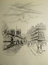Jean FRÉLAUT (1879-1954) GRAVURE ORIGINALE QUAIS SEINE BOUQUINISTES PARIS 1947