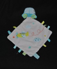 Peluche doudou voiture bleu NICOTOY plat gris nuages avion étiquettes TTBE