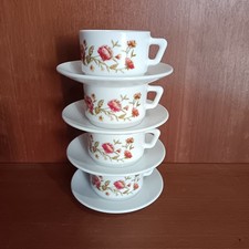 4 Tasses Et Soucoupes Empilables Arcopal Décor Pivoine, Café, Vintage