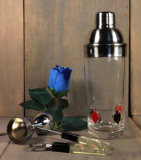 Vintage Mid Century Modern Cocktail Shaker Fused Glass Card Game Lucite Bar Set