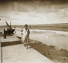 Bord de mer Plage Femme Mode c1920 Photo Stereo Plaque de Verre Vintage V39nL22