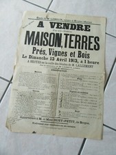 AFFICHE 1936 ENCHERES MAISON TERRES PRES VIGNES BOIS A BROYES MARNE