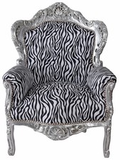 Fauteuil Baroque Antique Chaise Zèbre Argent Bois Thron Bergère Club Rembourrage