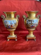 ANCIENNE PAIRE VASES EMPIRE OVOIDES en porcelaine peinte