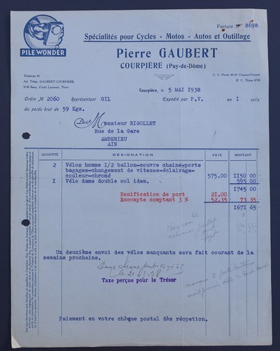 Facture courpiere 1938 pierre - facture,