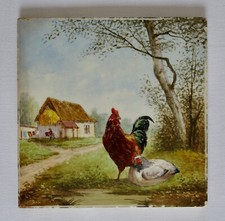 COQ & POULE, beau carreau faience Creil & Montereau, carreau faïence, coq poule