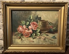 Ancienne huile sur toile signée A.Daens : bouquet de roses étendu sur une table