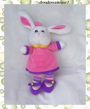 Peluche Doudou Lapin Blanc Robe Rose Jambes Tricot Rayures