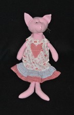 Peluche doudou chat SIA rose à carreaux robe blanc fleurs coeur 37 cm TTBE