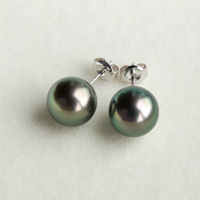 Boucles d'oreilles clous ronds AAA 9,6 mm paon perles de Tahiti en or blanc m...